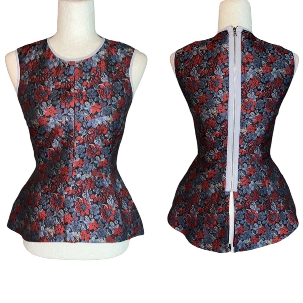 BCBGMaxAzria Jaclyn Blue Floral Jacquard Sleeveless Peplum Cropped Top - XXS